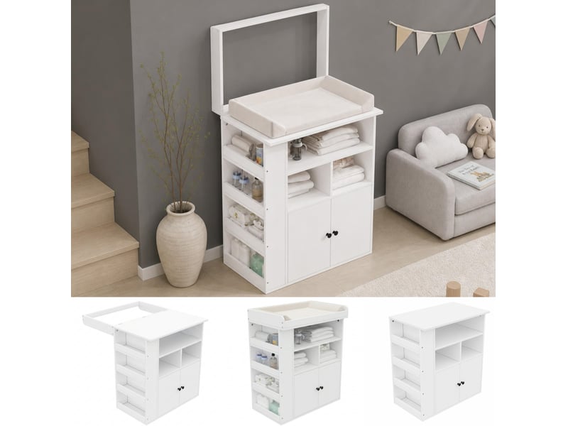 Table à langer bébé 2-en-1 82x50x100 cm, meuble de rangement, barrière amovible, deux portes, mdf blanc  - Conforama D