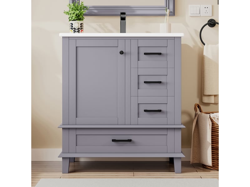  Meuble vasque salle de bain gris 76 cm avec lavabo céramique intégré et 3 tiroirs silencieux  - Conforama B