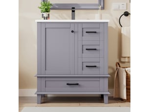 Meuble vasque salle de bain gris 76 cm avec lavabo céramique intégré et 3 tiroirs silencieux