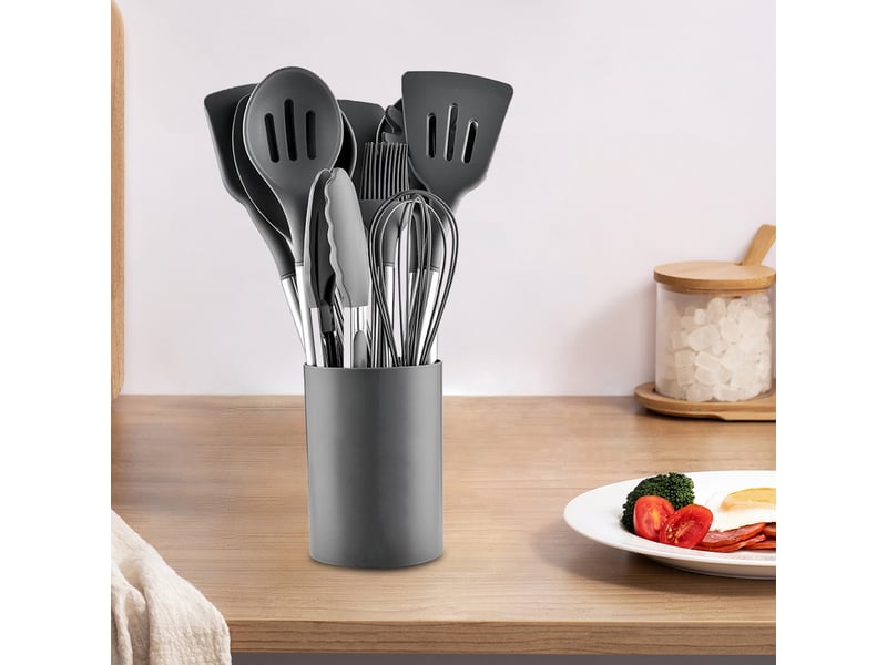  Set de 12 ustensiles de cuisine en silicone et acier inoxydable gris avec rangement chicfurn  - Conforama B