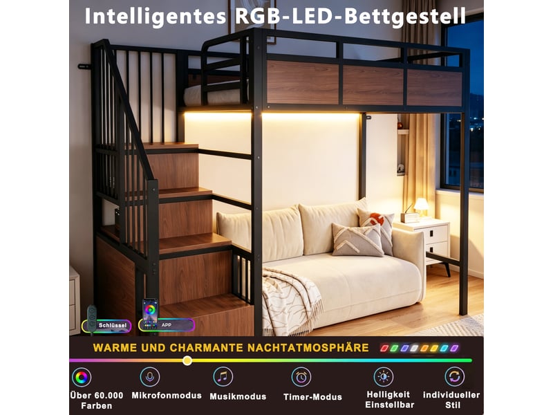  Lit mezzanine métal 90x200 noir avec éclairage led et escalier de rangement, lit surélevé robuste pour adulte et enfant.  - Conforama C