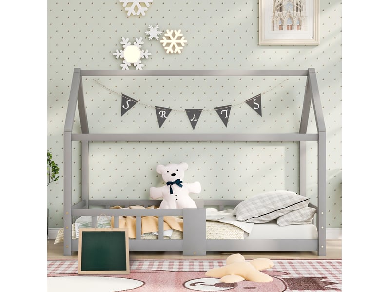 Lit cabane enfant 90x200 cm gris avec tableau, sommier à lattes et barrières - Conforama B