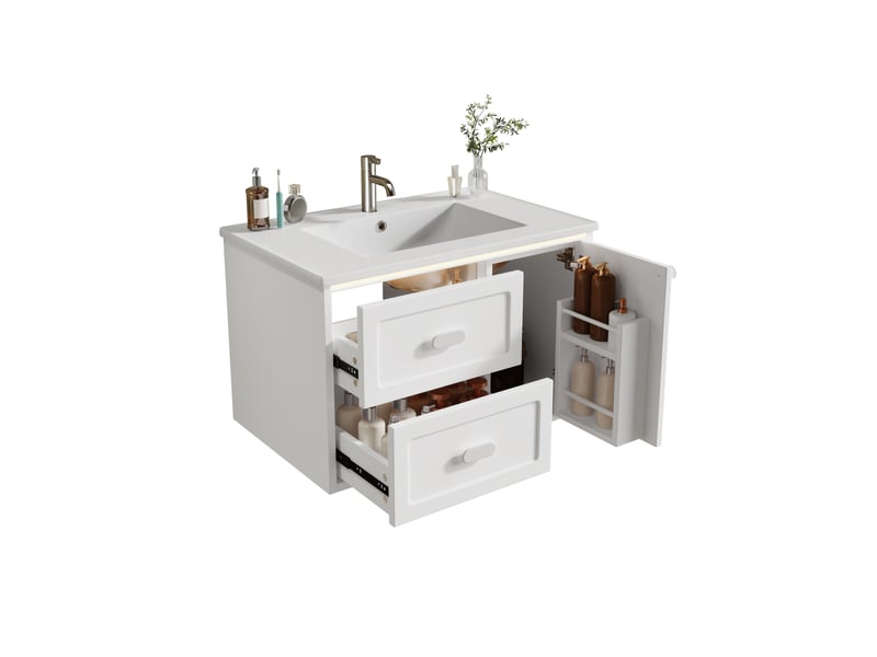  Meuble vasque suspendu 76x46x51 cm avec led à capteur radar, meuble de salle de bain, 2 tiroirs et 1 porte, mdf, blanc  - Conforama A