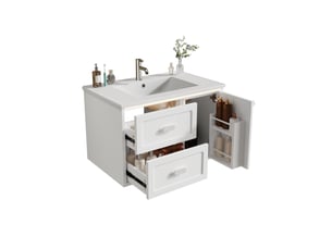 Meuble vasque suspendu 76x46x51 cm avec led à capteur radar, meuble de salle de bain, 2 tiroirs et 1 porte, mdf, blanc