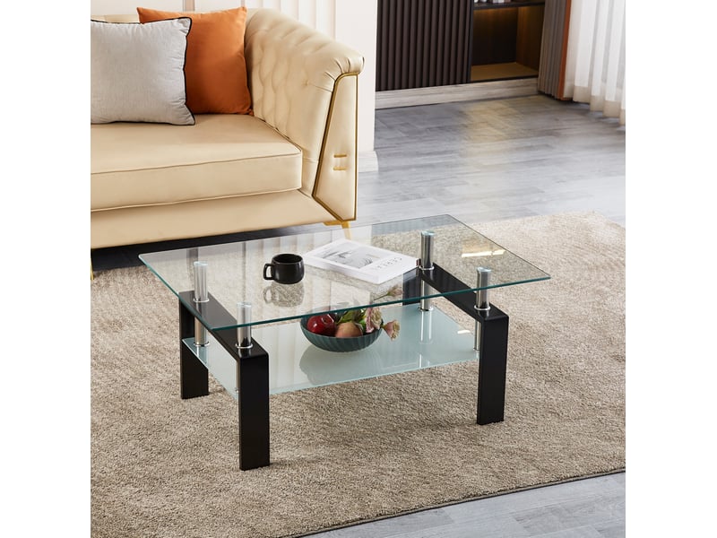  Table basse fixe à deux plateaux en verre trempé avec structure métallique pour salon, transparente, 100 × 60 × 44 cm  - Conforama D
