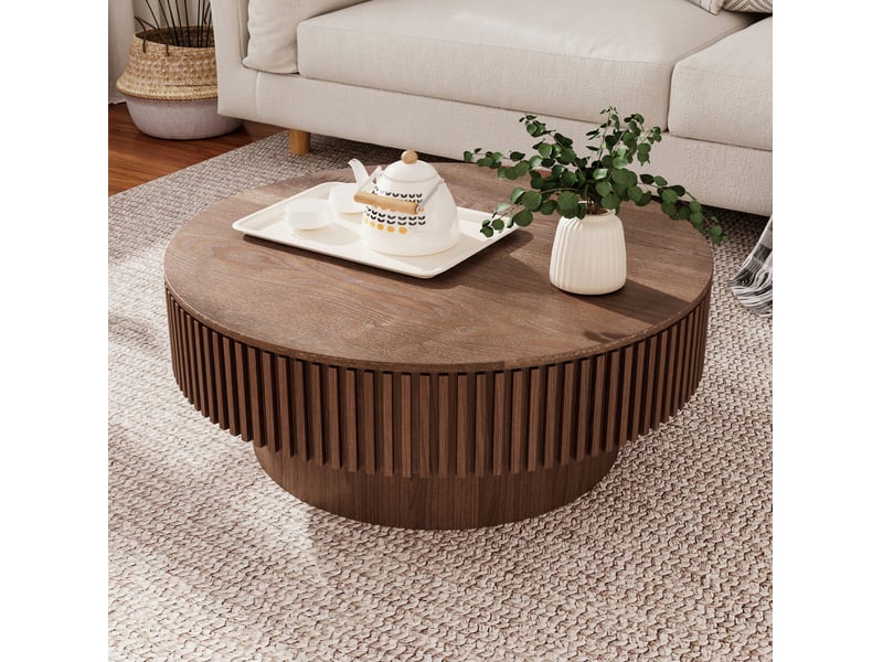 Table basse ronde 75 x 75 x 35 cm en mdf plaqué bois avec rangement noyer chicfurn - Conforama C