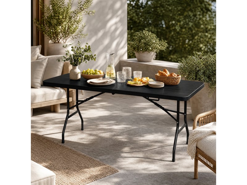  Table à manger extérieure pliante pour 8 personnes avec plateau effet bois et structure acier, noire, 180 × 74 × 70 cm  - Conforama B