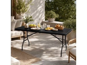 Table à manger extérieure pliante pour 8 personnes avec plateau effet bois et structure acier, noire, 180 × 74 × 70 cm