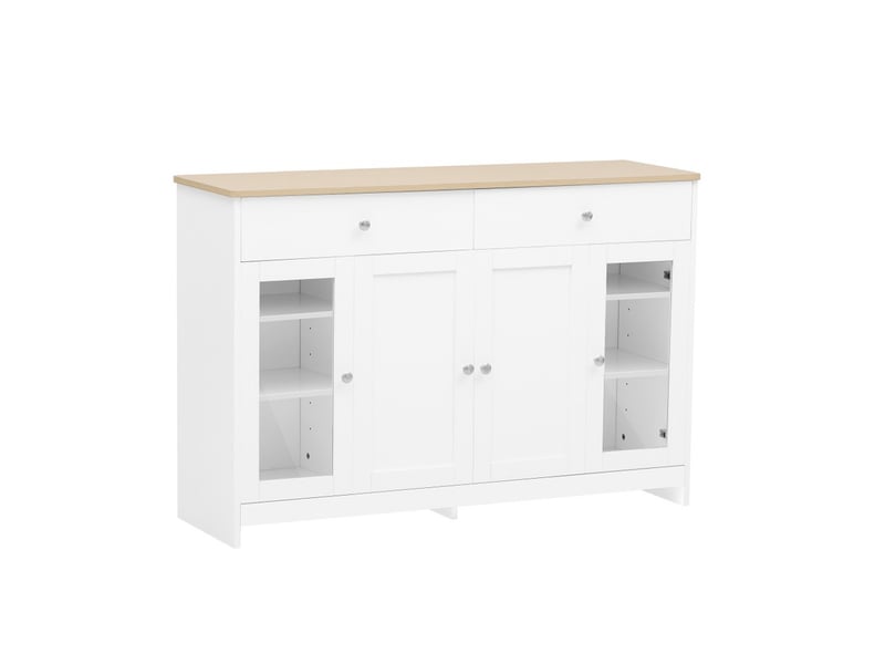  Buffet, meuble de rangement, 120 x 37 x 80 cm, avec 4 portes, 2 tiroirs, porte vitrée, pour salon, salle à manger, blanc  - Conforama A