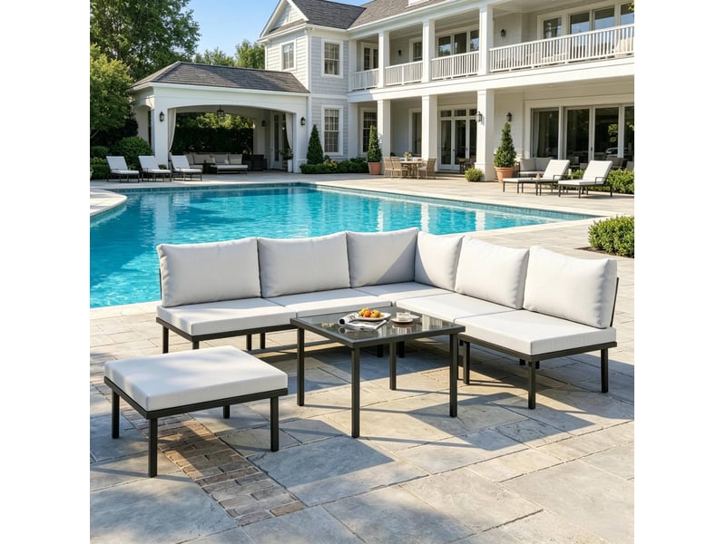  Salon de jardin modulable 6 pièces – noir et gris clair – table basse en verre trempé et coussins confortables  - Conforama B