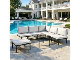 Salon de jardin modulable 6 pièces – noir et gris clair – table basse en verre trempé et coussins confortables