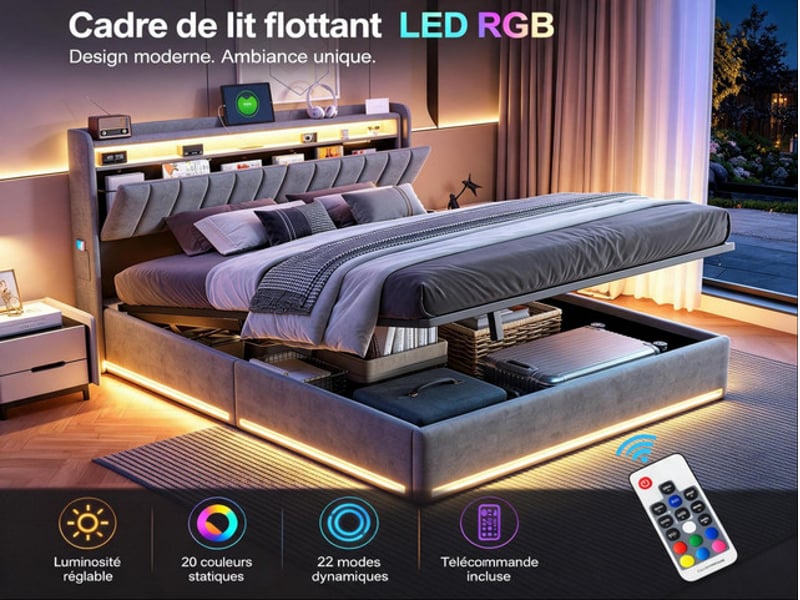  Lit coffre 140x190 cm ezssw, coloris gris  - Conforama D