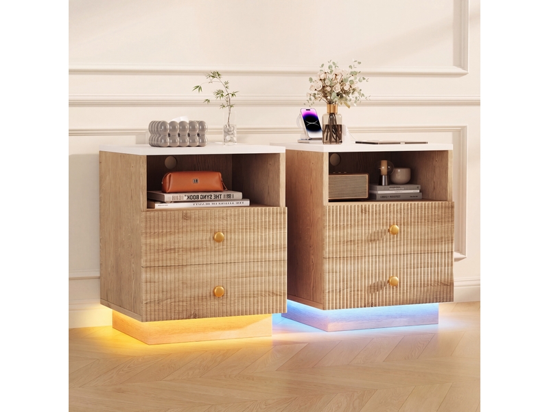  Lot de 2 tables de chevet avec led,usb ports et prises, 2 tiroirs,table de nuit bois pour chambre,salon,44 x 38 x 55 cm  - Conforama B