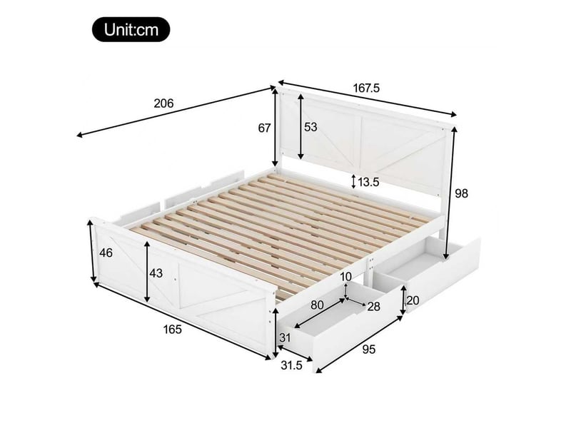 Lit double 160 x 200 cm en bois blanc avec 4 tiroirs de rangement et sommier inclus - Conforama E