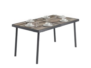 Table de jardin rectangulaire pour 6 personnes avec plateau effet bois, en acier et pspc, 145 x 85 x 72 cm, grise