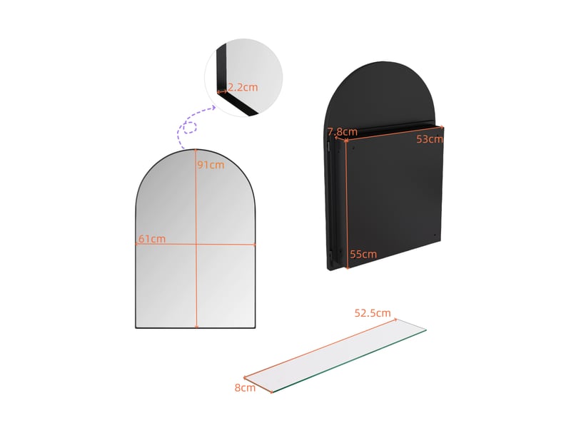  Armoire miroir murale arquée noire, cadre métal, étagères réglables, encastrable  - Conforama C