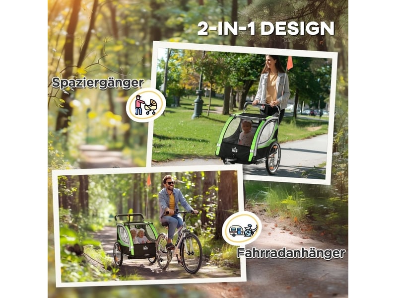 Remorque vélo 2-en-1 pour 2 enfants 142x75x101 cm – vert – fonction poussette  - Conforama D