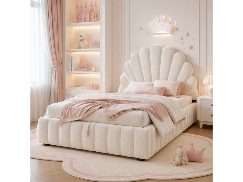 Lit simple enfant 90x200 cm rembourré avec coffre hydraulique, grand rangement, sommier à lattes et tête pétale, velours, beige OMNIGLINT TRADING LTD - Conforama D