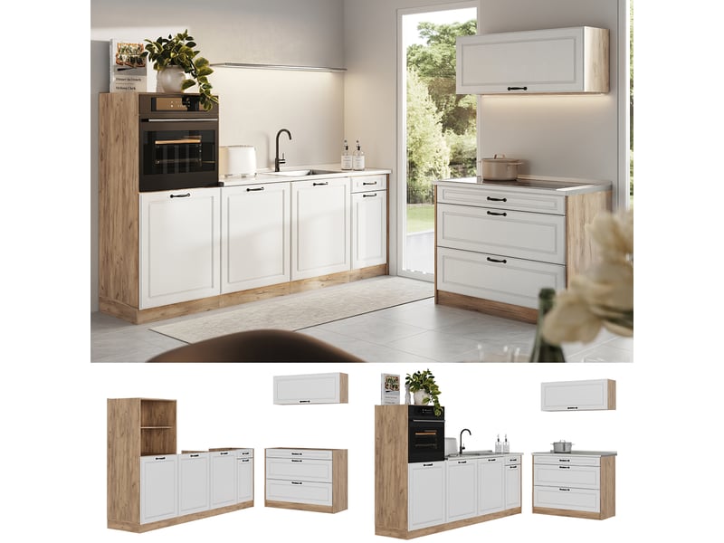  Vicco cuisine, blanc campagnechêne doré, 220cm plan de travail anthracite  - Conforama D