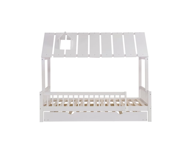  Lit cabane avec lit d'appoint, toit avec rebord de cheminée, lit enfant, lit adolescent, avec barrière de sécurité sur 3 côtés, pin et mdf, blanc, 120 x 200190 cm  - Conforama D