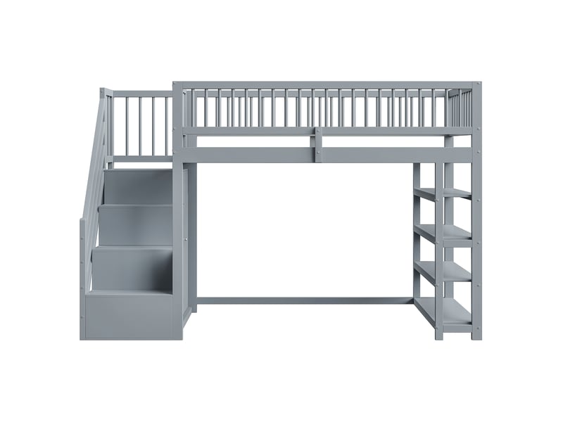  Lit mezzanine 90x200 cm en bois gris, armoire, étagères, rangements, échelle et barrières hautes  - Conforama A