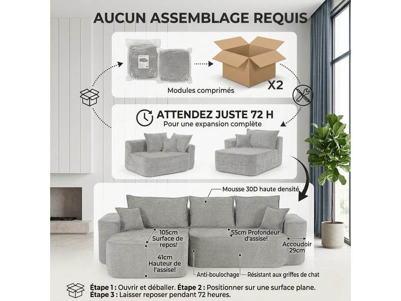 Canapé d'angle en l modulable avec méridienne 262 cm assise profonde sans montage - Conforama W