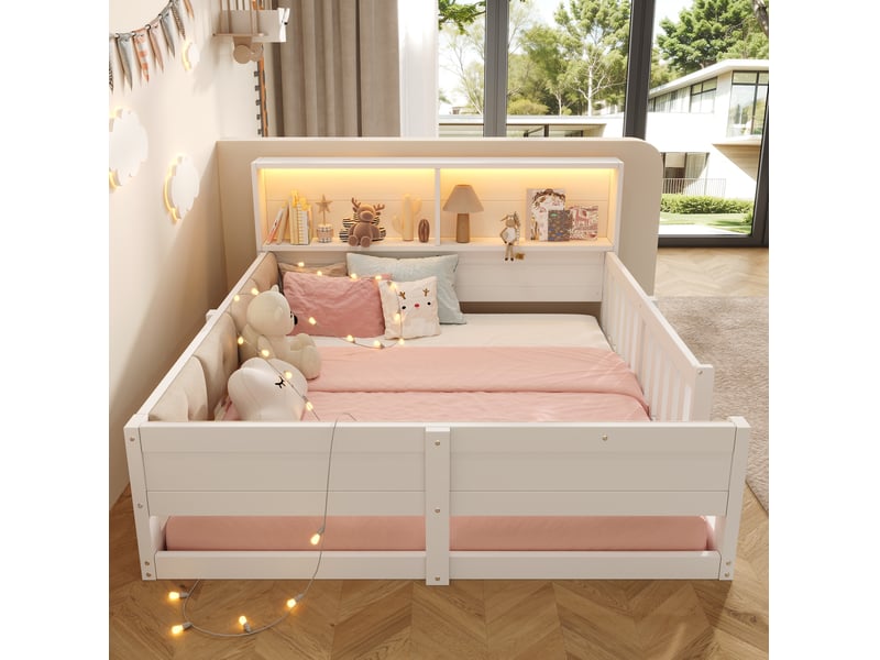  Lit jeune 2 places 140x200 cm équipé de tête de lit, barrière et rangement, mdf, finition blanc  - Conforama E