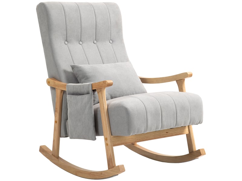  Fauteuil à bascule gris rembourré avec coussin lombaire et poches latérales, cadre en bois, 90x65x98 cm  - Conforama A
