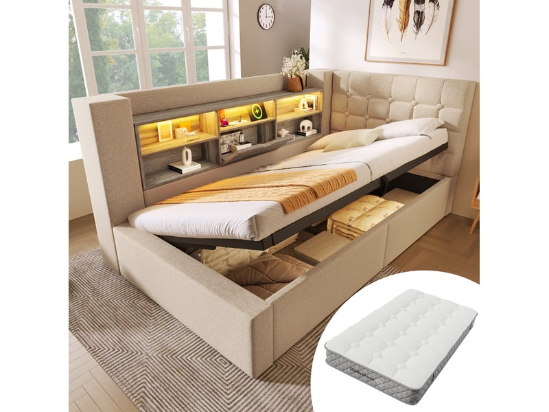  Lit coffre 90 × 200 cm avec led, usb-c et tête de lit réversible avec rangement, avec matelas, beige  - Conforama B