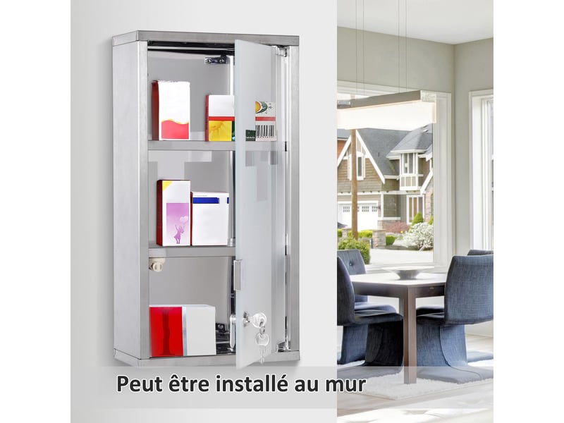 Armoire à pharmacie 2 étagères 3 niveaux verrouillable porte verre dépoli trempé logo croix 25l x 12l x 48h cm acier inox - Conforama W