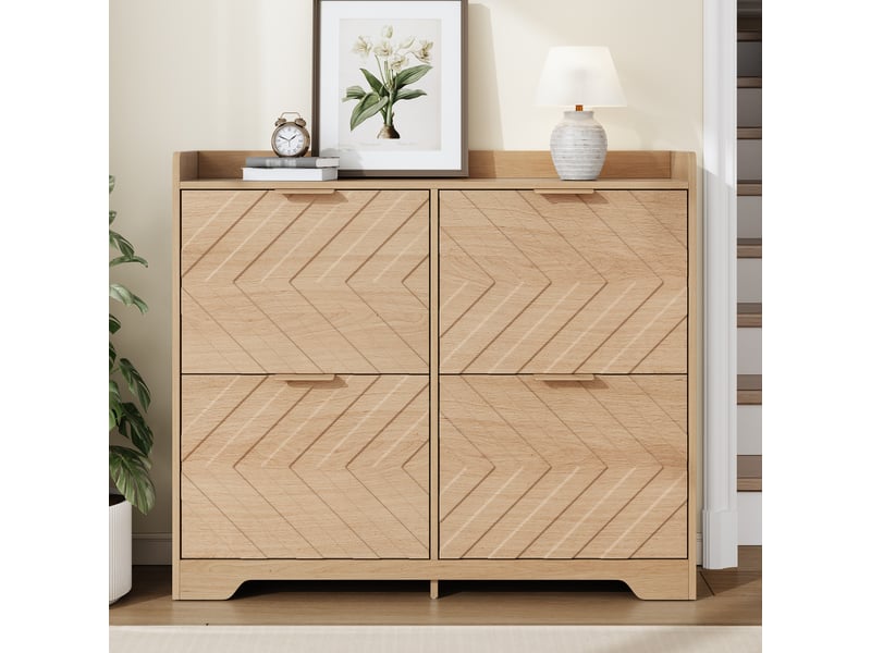 Meuble à chaussures avec 4 abattants et plateau supérieur, façade 3d, pour entrée, mdf naturel, 105 × 24 × 90 cm - Conforama C