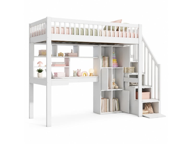  Lit mezzanine enfant simple 90×200 cm avec led, échelle de rangement et bureau  - sans matelas, pin mdf blanc  - Conforama A