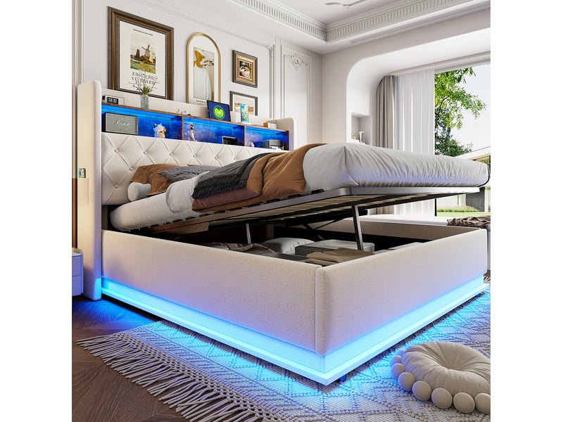  Lit coffre led 180 x 200 cm avec rangement hydraulique, usb et tissu beige  - Conforama E