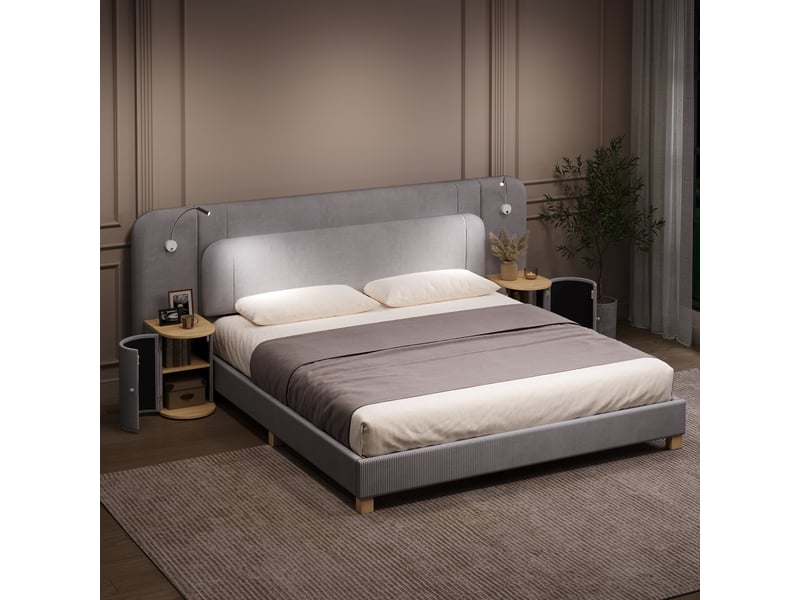  Lit double 180x200 cm, lit rembourré en velours côtelé gris, 2 tables de chevet intégrées, lampes led latérales, tête de lit rembourrée  - Conforama B