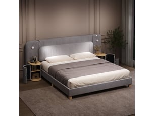 Lit double 180x200 cm, lit rembourré en velours côtelé gris, 2 tables de chevet intégrées, lampes led latérales, tête de lit rembourrée