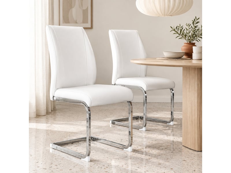  Lot de 2 chaises de salle à manger,43x44,5x99 cm,similicuir et métal argenté,blanc  - Conforama B