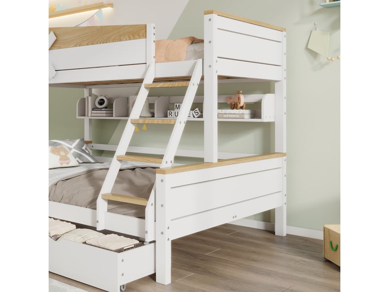  Lit superposé 3 places en bois et mdf avec étagères, 2 tiroirs et échelle, 90x200 et 140x200 cm, sans matelas  - Conforama E