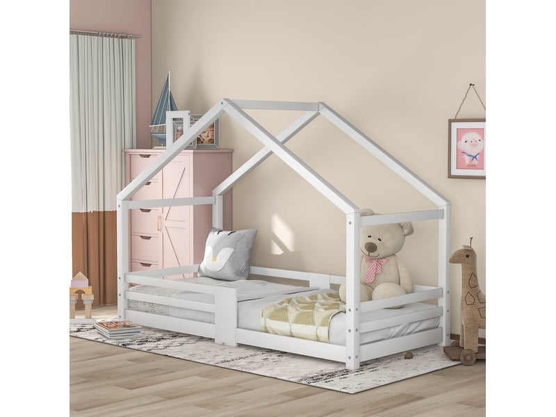  Lit enfant cabane blanc 90 x 200 cm avec barrière de sécurité  - Conforama C