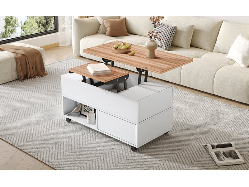  Table basse relevable - table basse avec rangement et 4 tiroirs, table de salon à roulettes, design moderne en panneau de particules, blanc et bois clair, 100x50x52 cm  - Conforama D