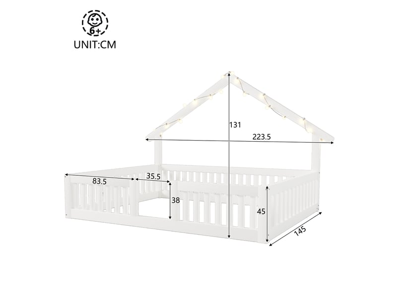  Lit cabane enfant 140x200 cm, lit au sol avec barrière anti-chute et guirlande led, structure en bois, blanc evarich - Conforama C
