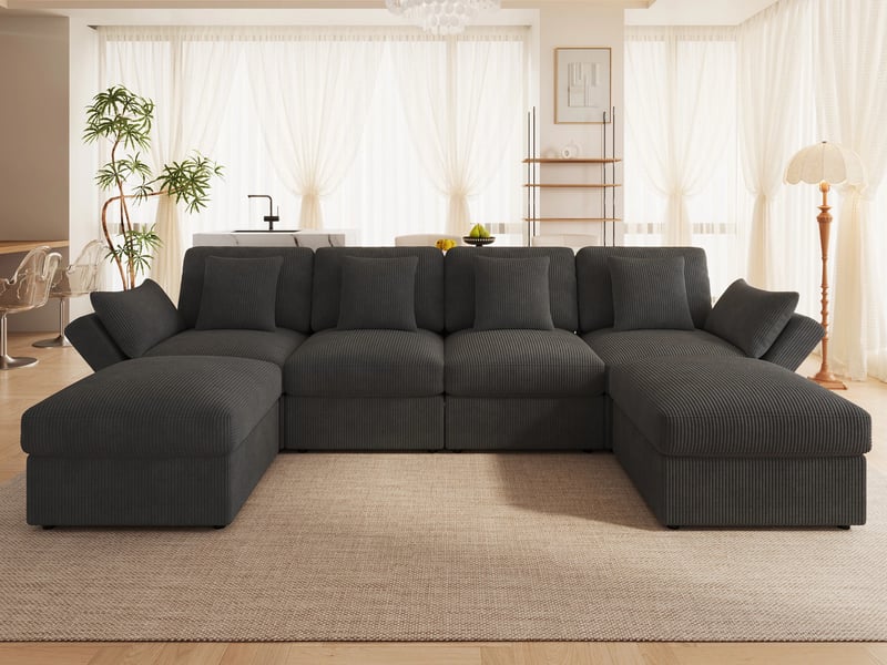  Canapé d'angle moderne ,6 places,avec accoudoirs réglables et pouf amovible, en velours,290x159x89cm,gris  - Conforama B