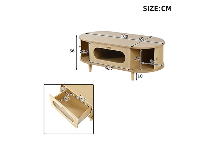  Table basse 100x50x36 cm bois clair, 1 tiroir à façade vitrée, portes tambour et 4 pieds Fay Lum - Conforama C