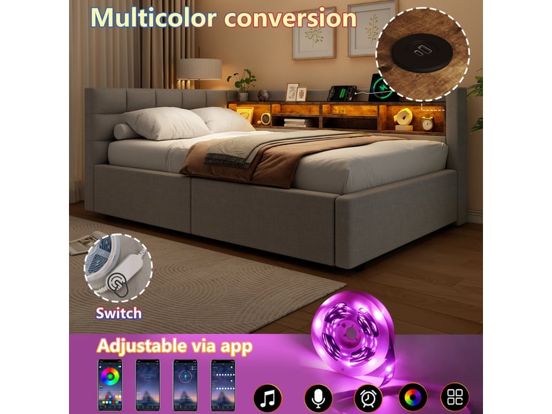  Lit banquette coffre 90x200 cm,ouverture hydraulique,led multicolore dimmable,étagères,port usb,tête réversible,gris  - Conforama D