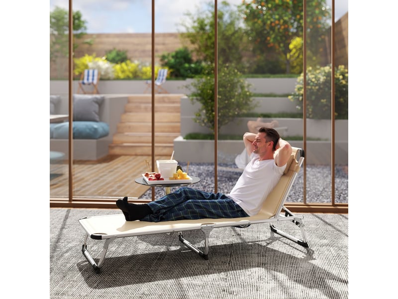  Chaise longue pliante en aluminium avec appui-tête et dossier réglables, 60 x 165 x 76 cm, beige  - Conforama B
