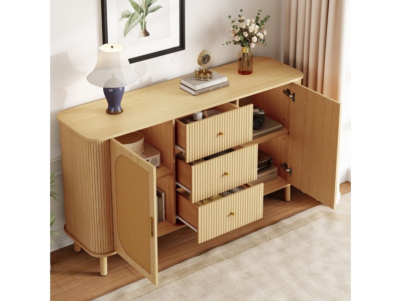 Buffet, 140 x 40 x 80 cm, meuble de rangement, 2 portes 3 tiroirs, armoire de cuisine avec étagères, naturelle  - Conforama D