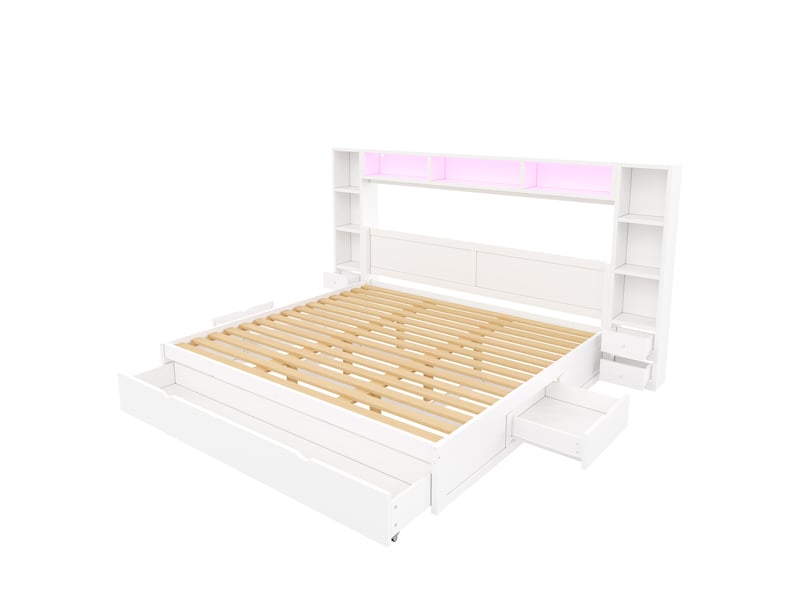  Cadre de lit 180x200 avec rangement, tête et pied de lit, led 7 couleurs, blanc  - Conforama R