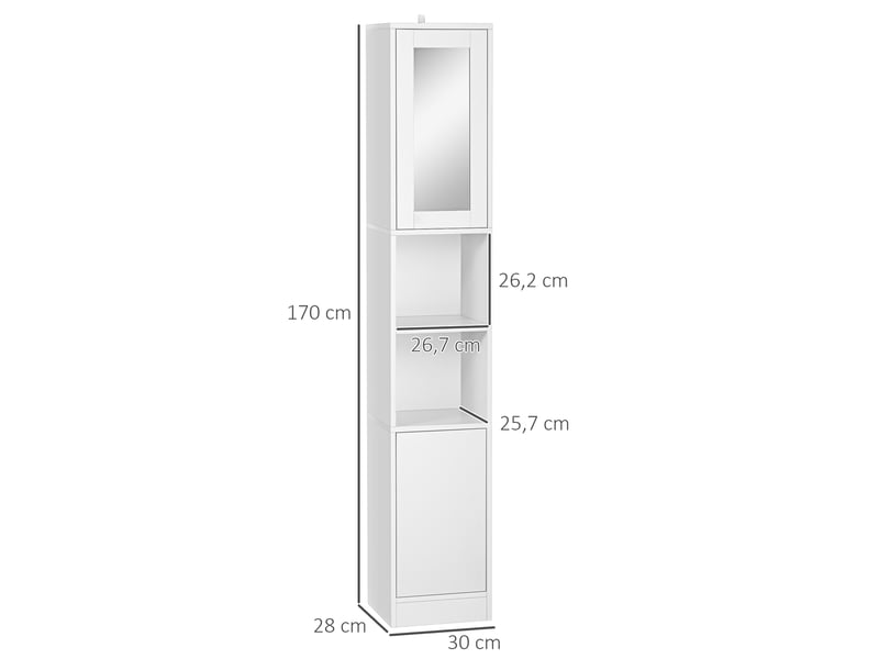  Armoire salle de bain haute, meuble de rangement colonne avec miroir, 2 portes, étagères réglables, 30x28x170cm, blanc  - Conforama C