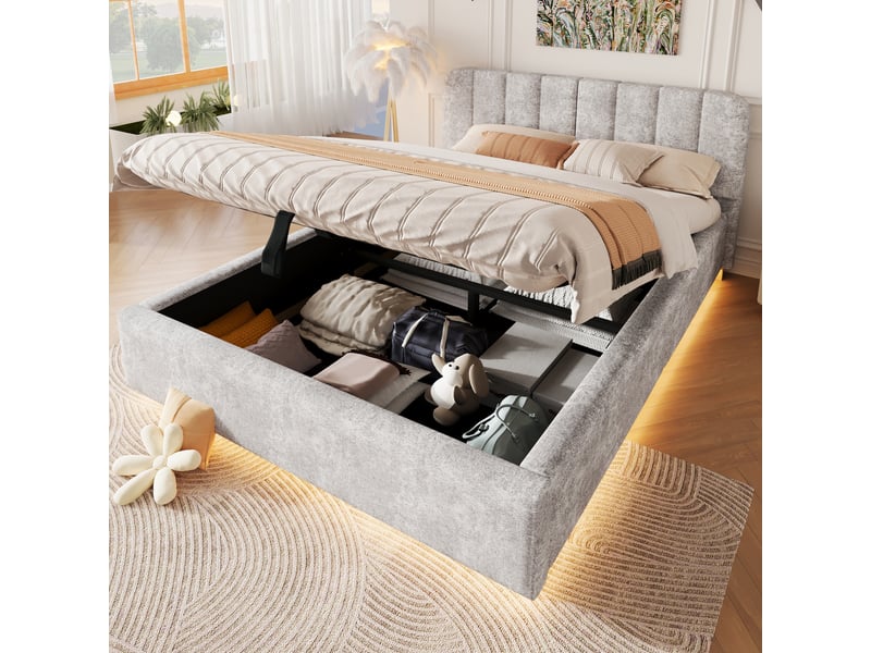  Lit coffre 140x200 cm gris clair, tissu chenille, sommier relevable hydraulique, led contrôlée par appli, sommier à lattes inclus  - Conforama B