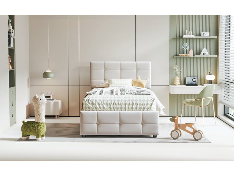  Lit coffre enfant 90x200 cm à relevage hydraulique, velours beige et tête réglable  - Conforama E