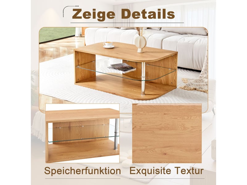  Table basse avec rangement 100 x 60 x 42 cm style moderne rangement intégré bois naturel étagère en verre design minimaliste  - Conforama E